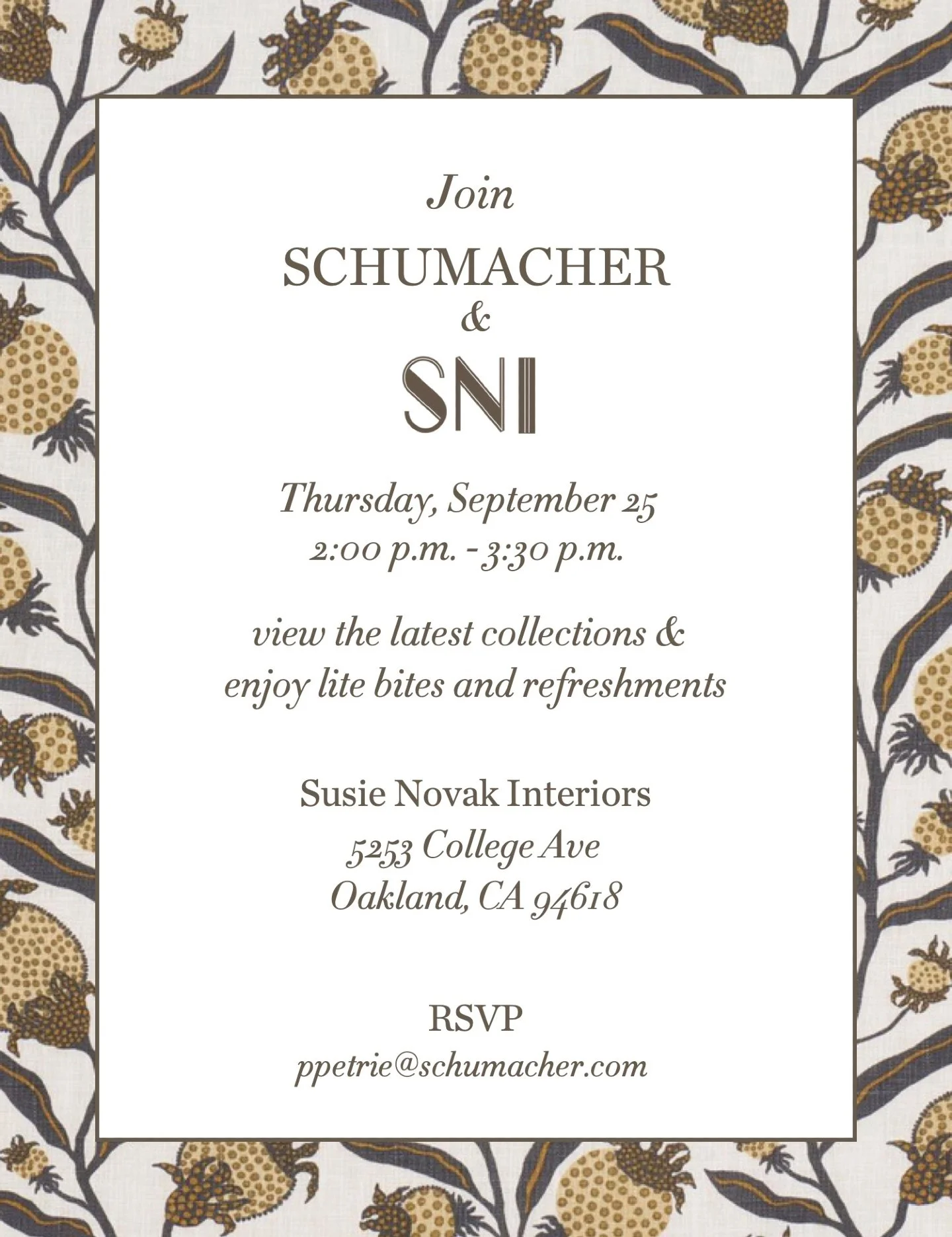 Next Week! 📣 📣 📣 Calling all local designers!!! Bay Area summer has arrived and it's time for a garden party. Join us and @schumacher_norcal__peach for a sweet afternoon of pastries, cheese, and champagne in our lovely courtyard garden. We're plan