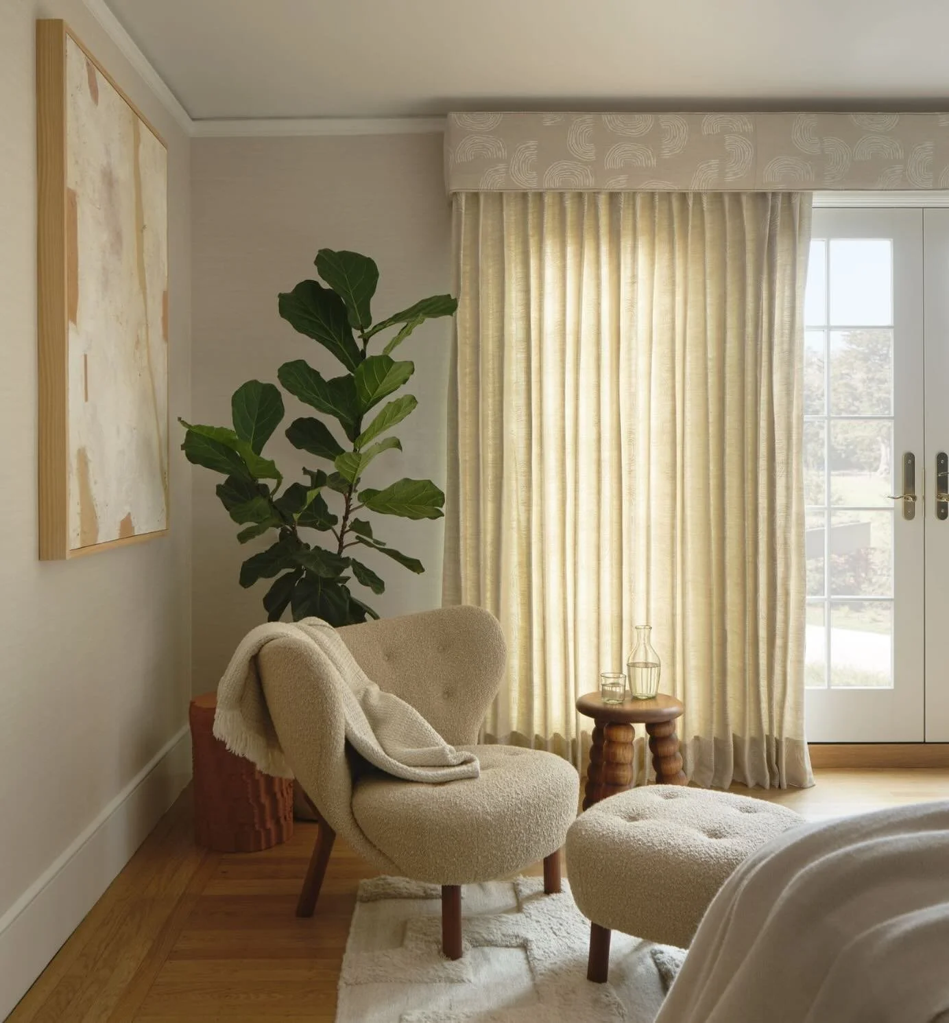 Hygge.

That quiet exhale you feel when a space wraps around you.

I was looking at this corner from our Piedmont, CA project and realized &mdash; this is hygge in physical form.

Morning light filtering through linen.
Curves that soften the room.
Wo