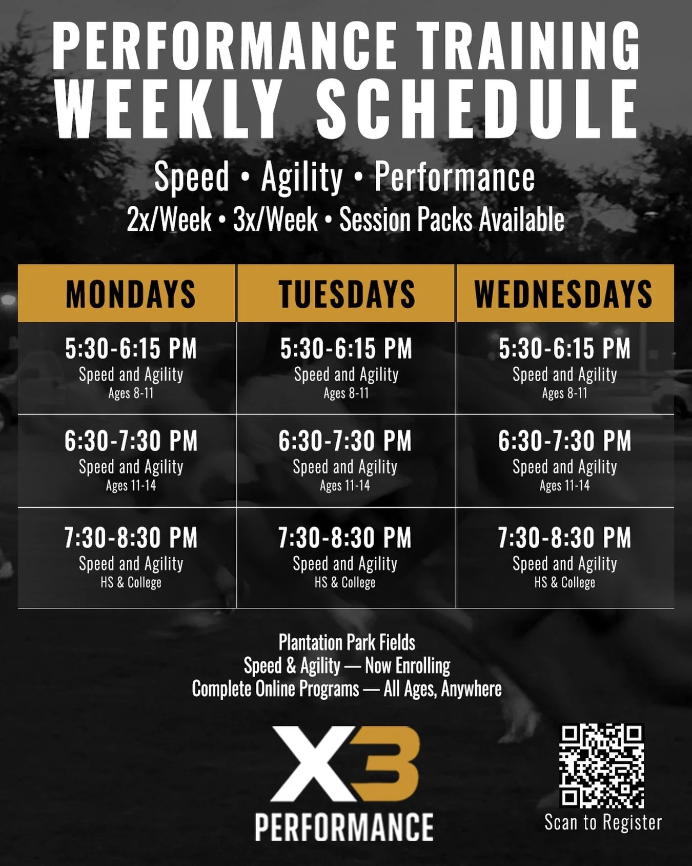 FALL SCHEDULE &mdash; NOW ENROLLING 📌

School&rsquo;s in session. Schedules are locked. This is the window where athletes separate themselves.

Speed &amp; Agility &mdash; Monday, Tuesday, Wednesday at Plantation Park Fields. Three age groups, each 
