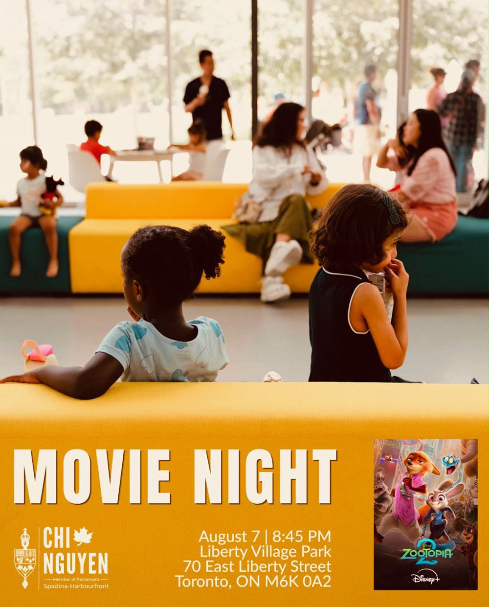 Poster for the LVRA Movie Night in Liberty Village Park featuring Zootopia 2, presented by MP Chi Nguyen
