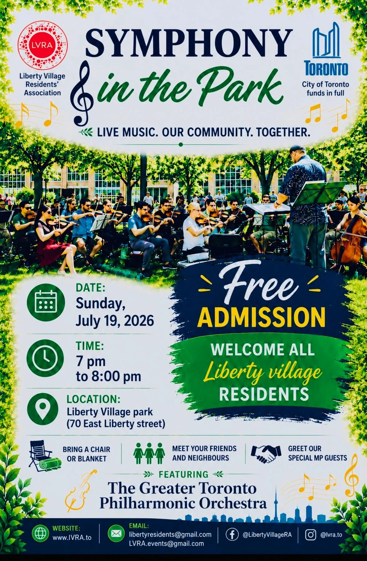 Flyer for The Liberty Village Residents' Association presents Symphony on the Park.