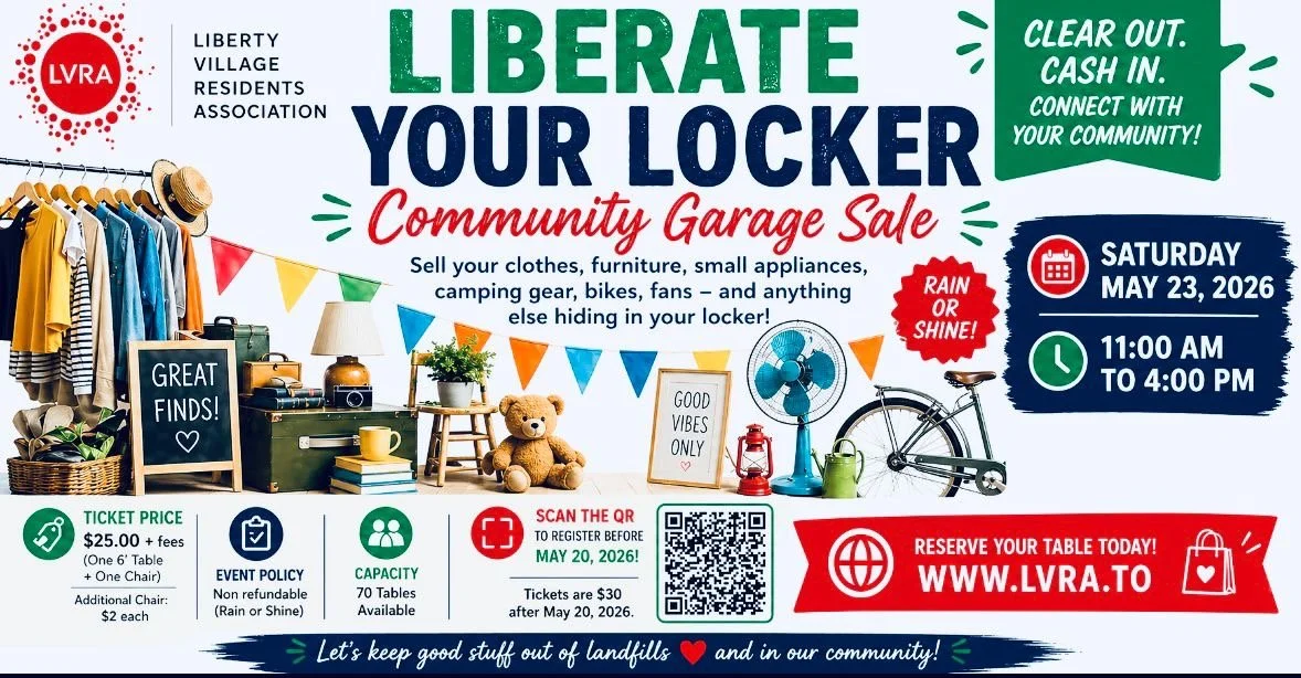 Liberate Your Locker Community Garage Sale flyer. The event takes place on Saturday, May 23rd, 2026 from 11am - 4pm in Liberty Village Park