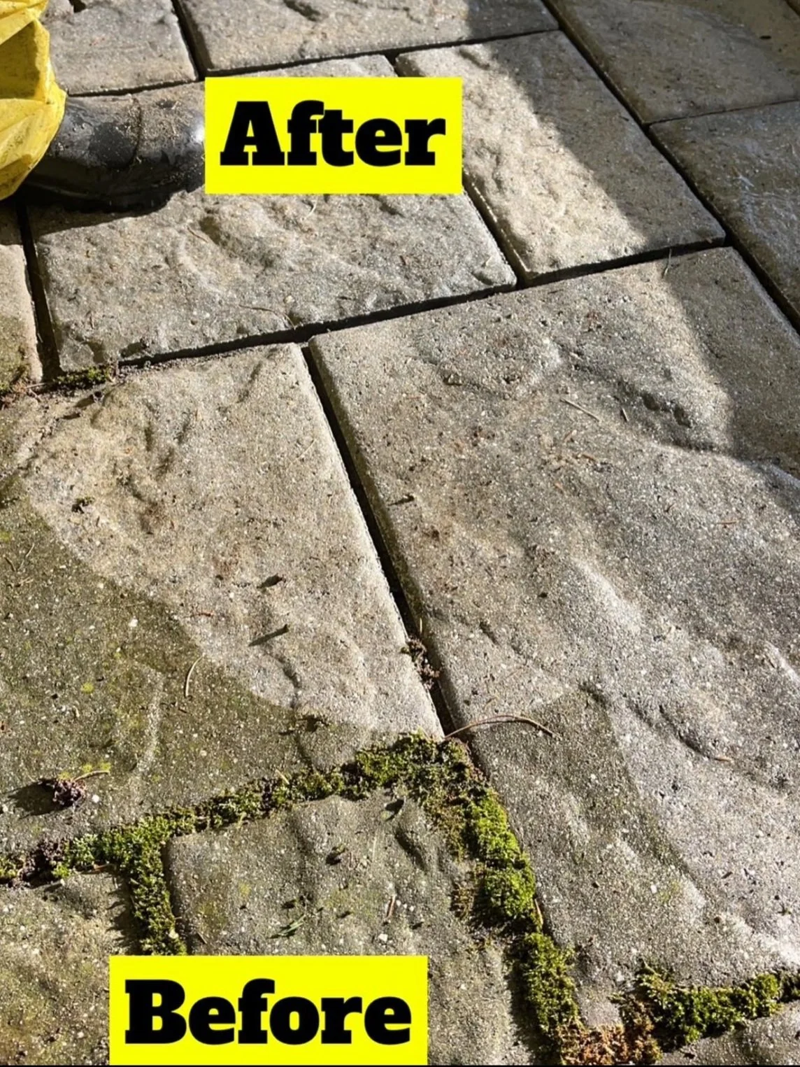 Close-up photo of a paved pathway showing a transition from dirty, moss-covered bricks labeled 'Before' to clean, new-looking bricks labeled 'After' with the 'After' section in the top part of the image.