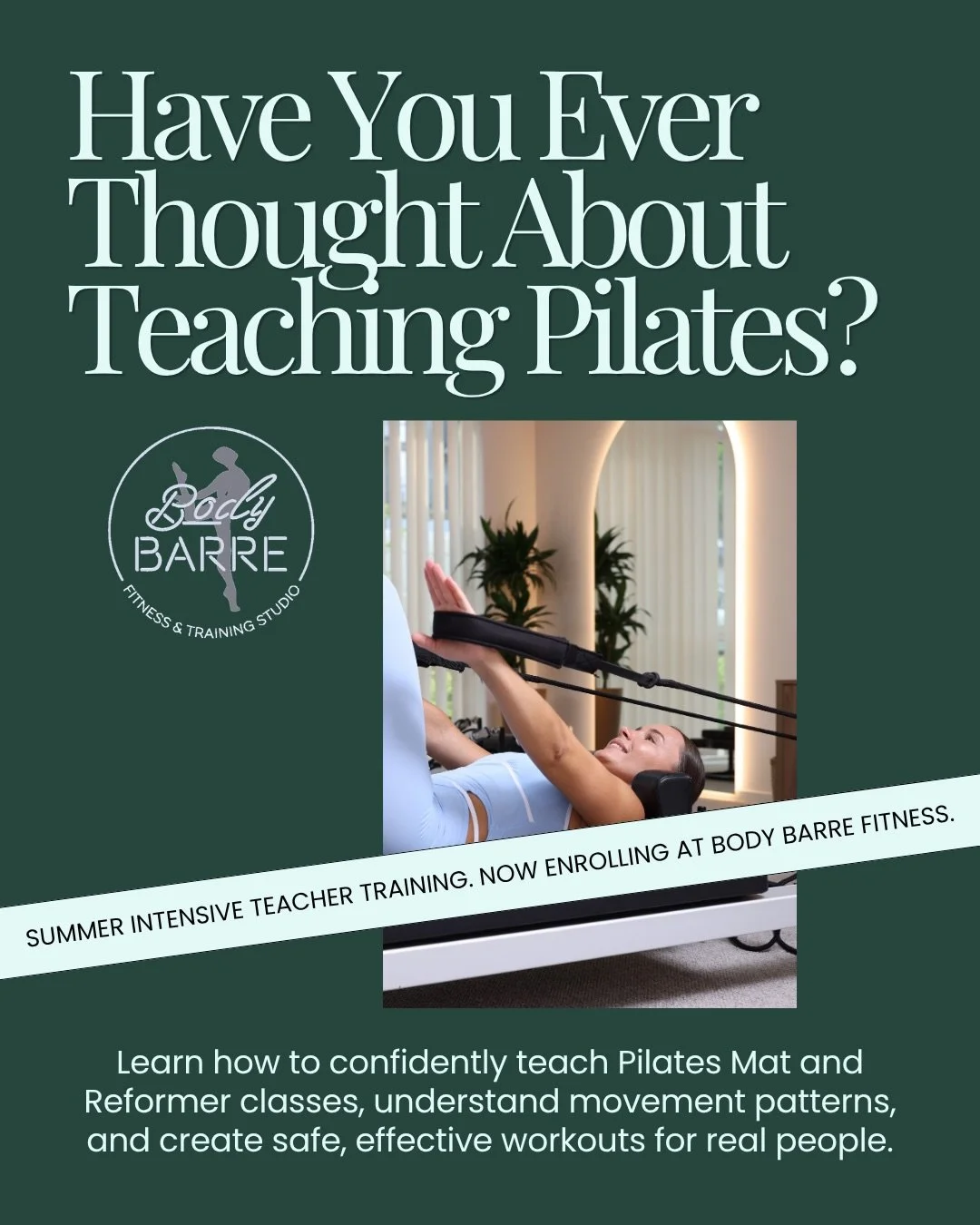 What if your love for movement became something more? Our Summer Intensive Teacher Training is made for those who want to deepen their understanding of Pilates, movement, and the human body, while gaining the confidence to lead others.

Over six week