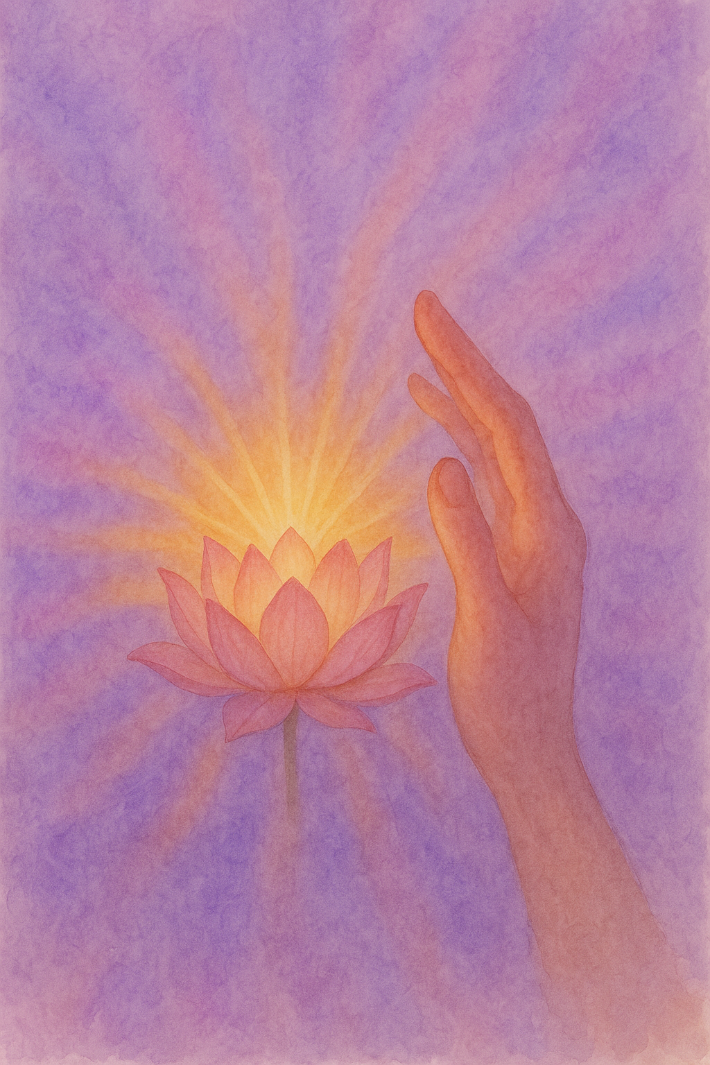 A hand gently touching a glowing lotus flower with radiant light emerging from it against a soft purple background.