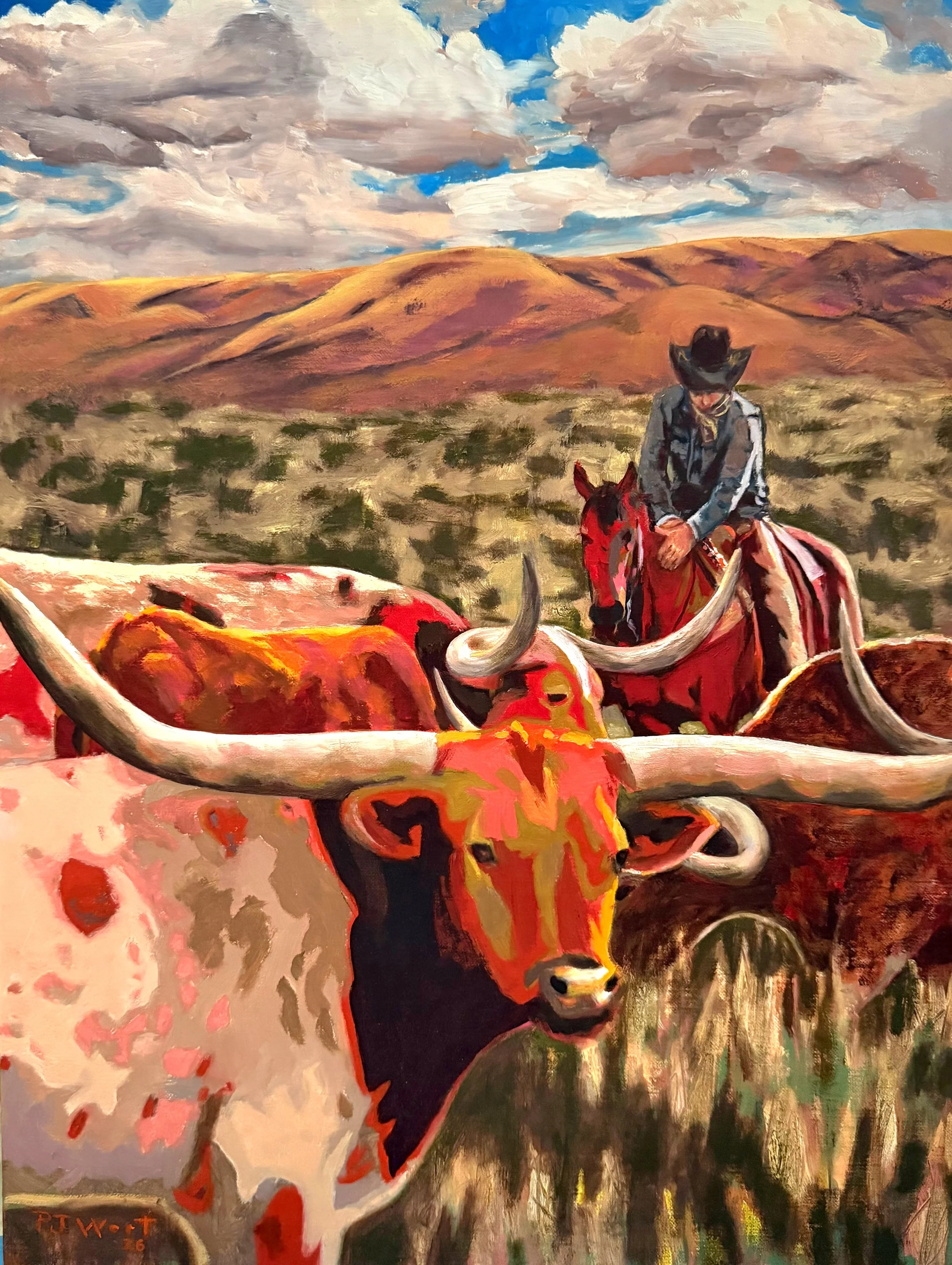 Blustery Day with Longhorns, 16x12, oil on linen panel