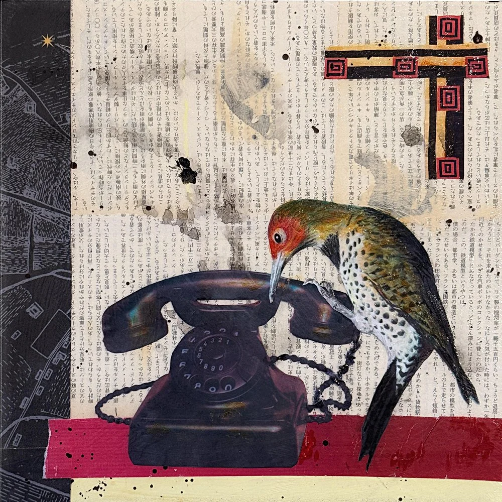 Painting of a blue crow on a red background