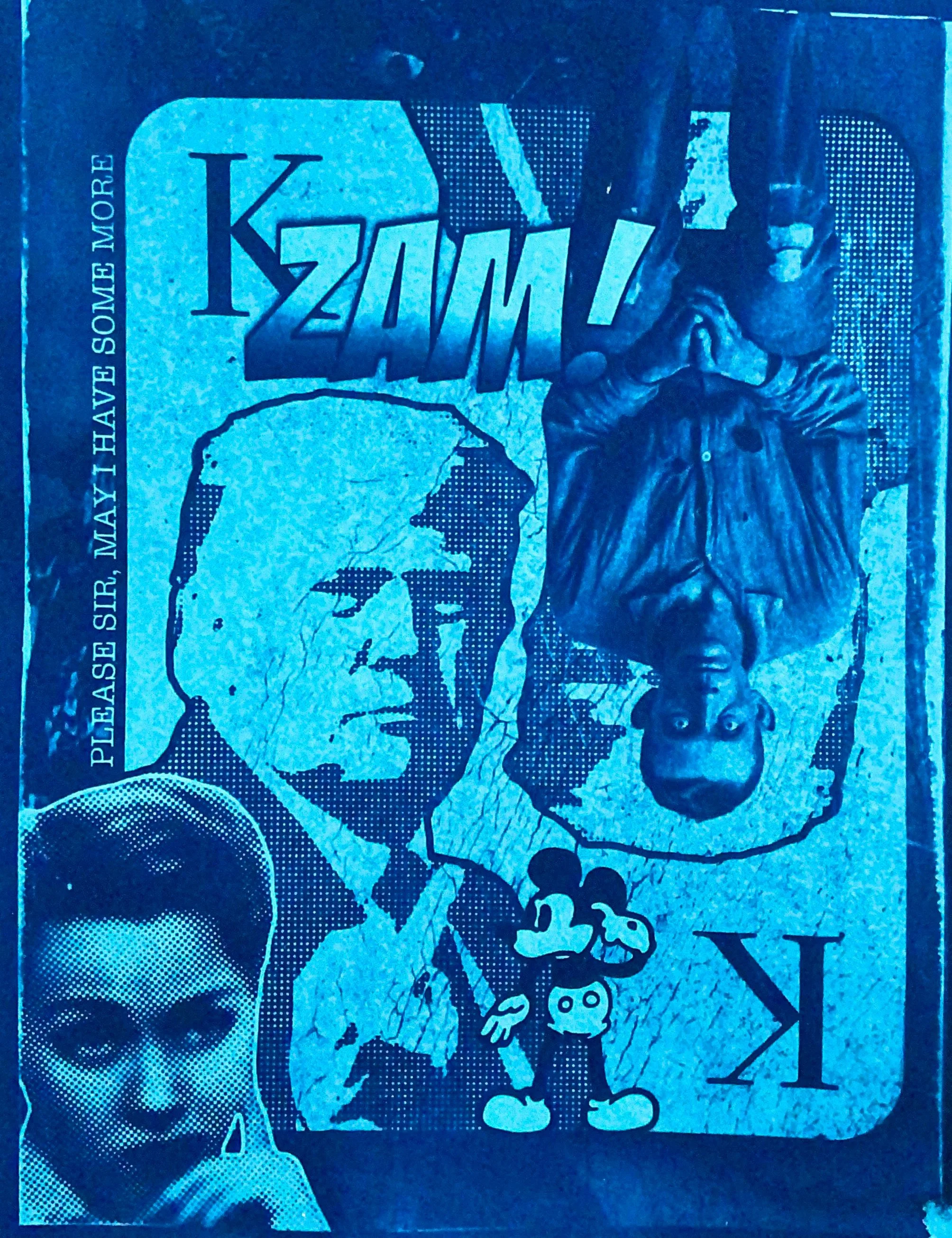 Vintage advertisement featuring a statue and a person touching their chin. The text offers a free booklet to strengthen one's voice, promoting a "HE-MAN VOICE."