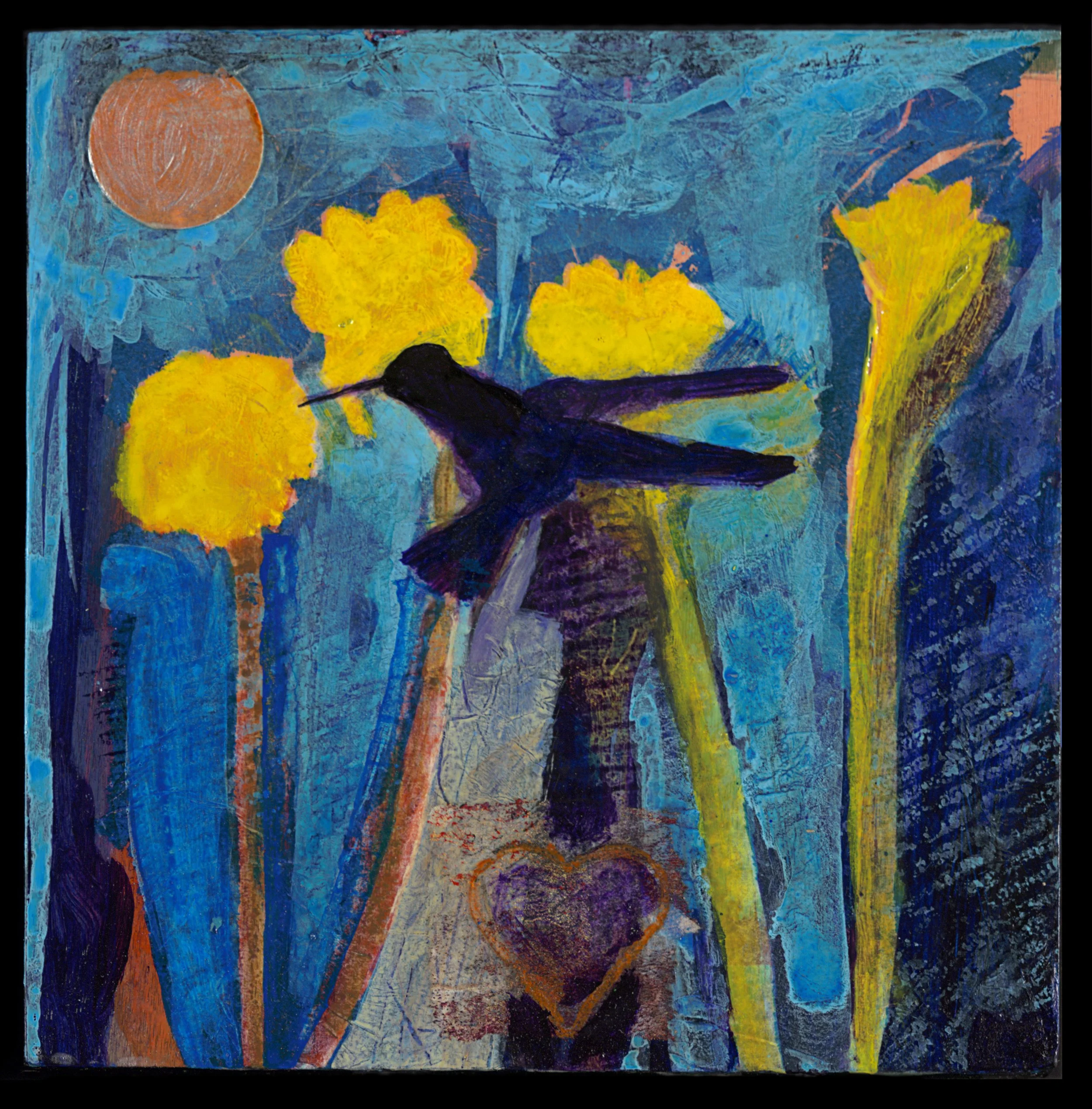 Two birds interacting, one perched and one flying, with a colorful painted style.