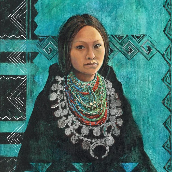 A person with traditional hairstyle and clothing holding a decorated pottery.