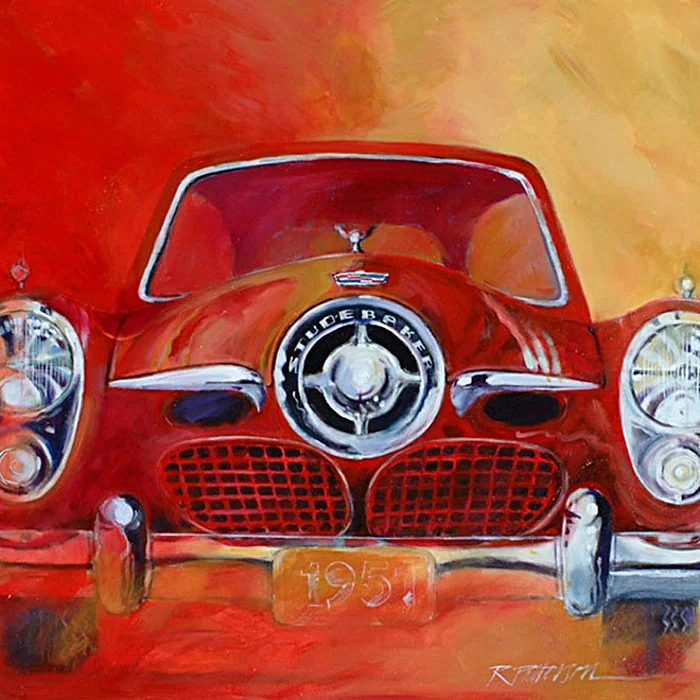 Painting of a classic red car with chrome details and distinctive grill.