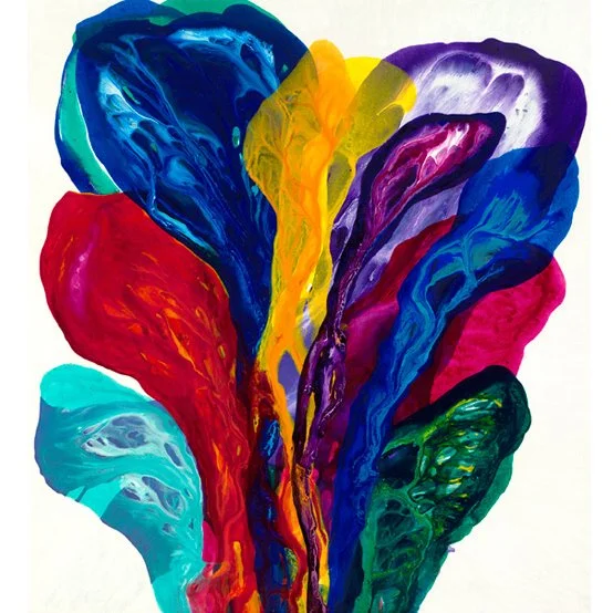 Abstract painting with vibrant colors including blue, red, yellow, and green, in a fluid, organic design.