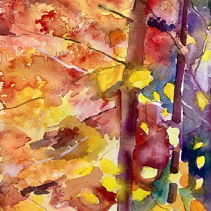 Abstract painting of red flowers on a green and blue background with an orange foreground.