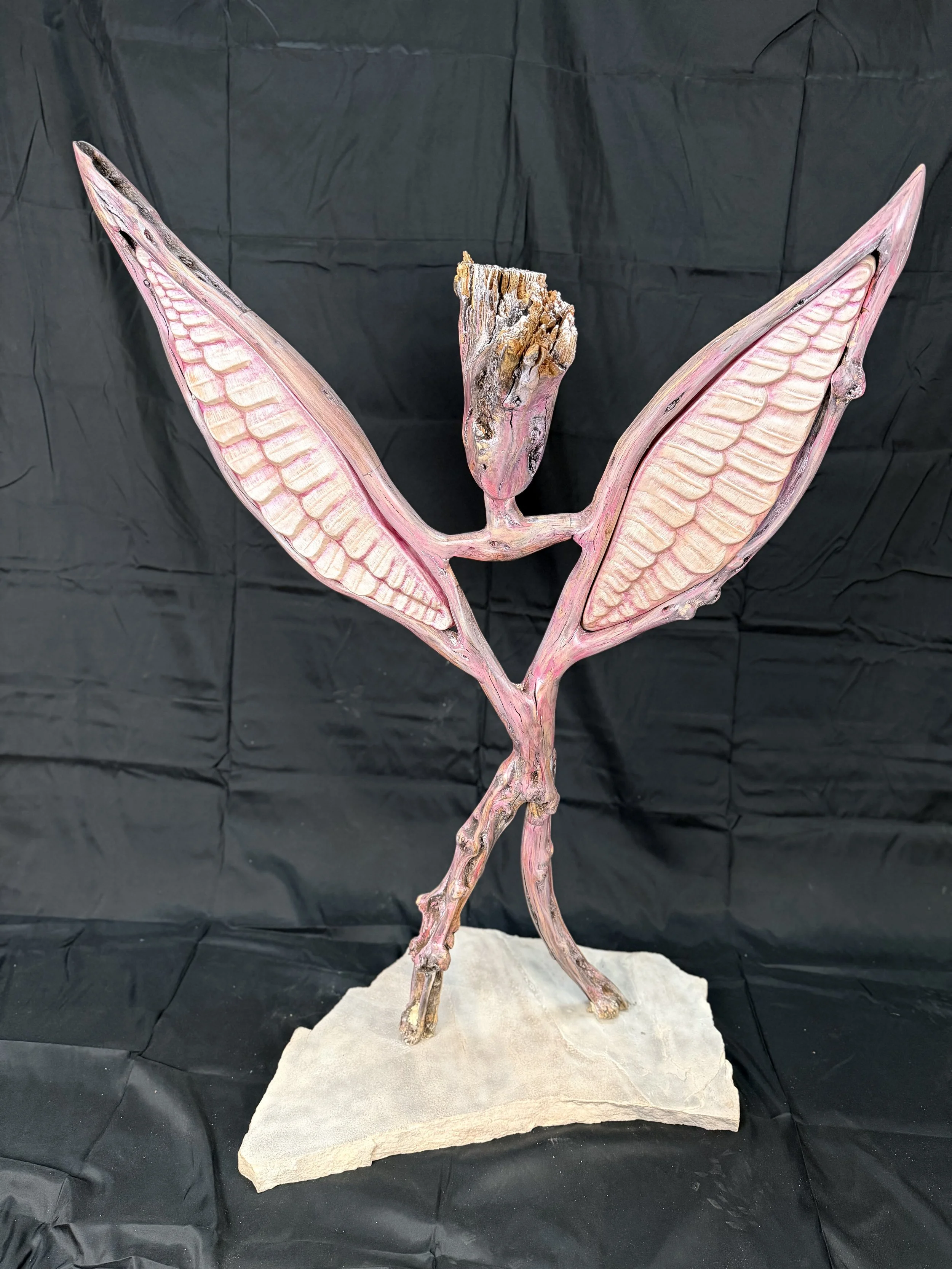 36”w x 12”d x 38”h-Salt cedar tree branches with leather wings