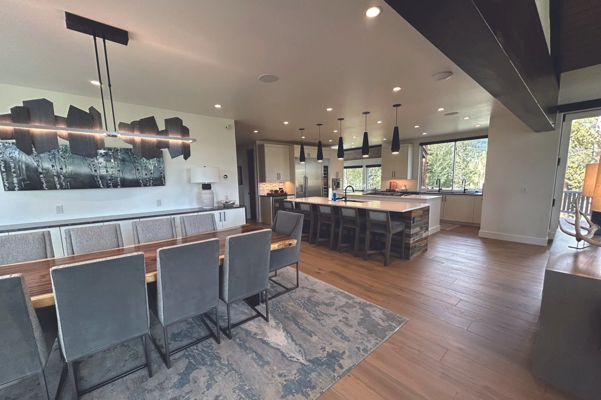 Open kitchen and dining room in a Breckenridge, Colorado remodel designed by Elle Schwab of Elle J Design
