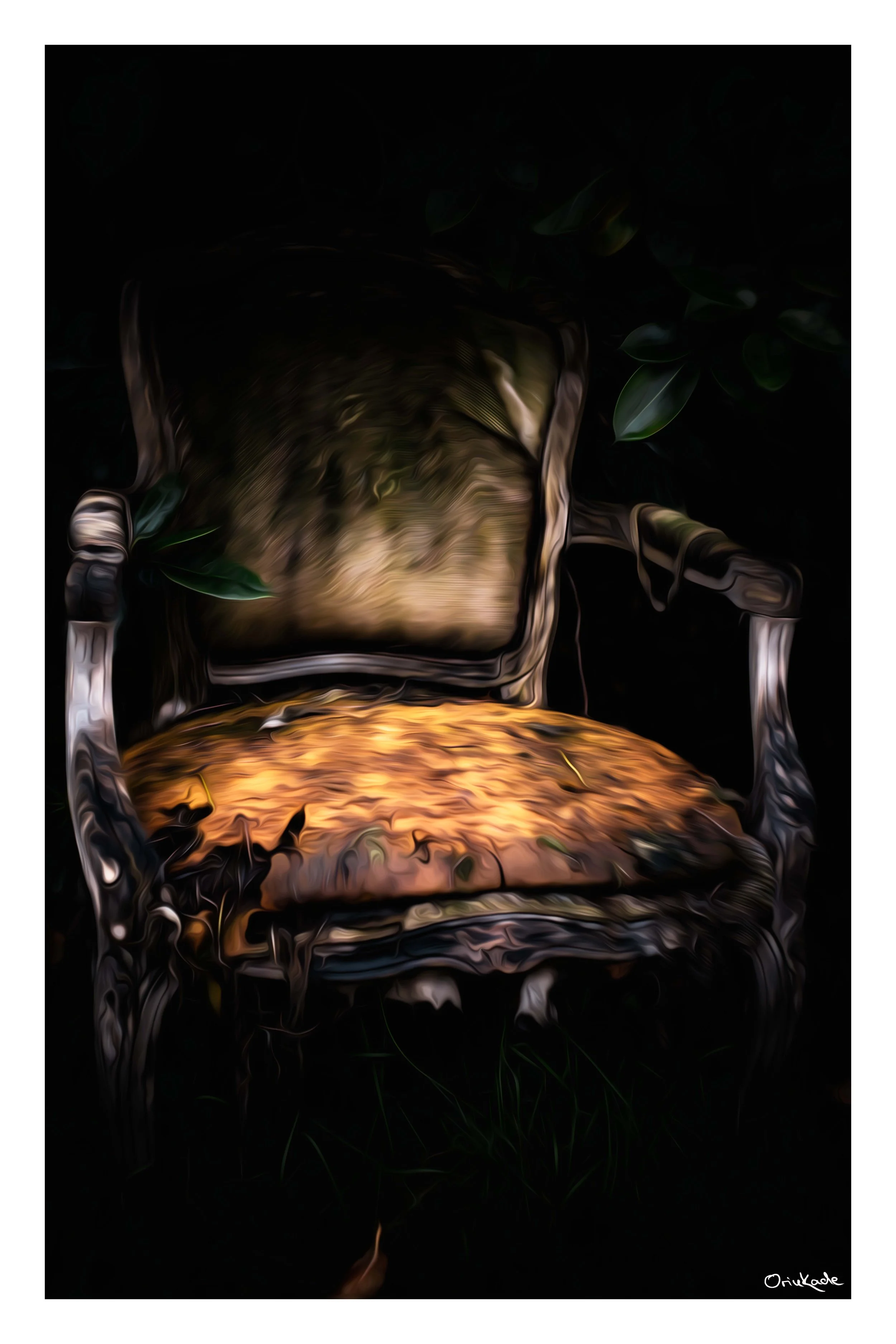 It’s haunting, nostalgic, and full of presence despite the absence. The decaying chair, sunlit and surrounded by darkness, feels like a forgotten witness. It’s not just an object; it’s a memory with weight, weathered by time but still holding a place