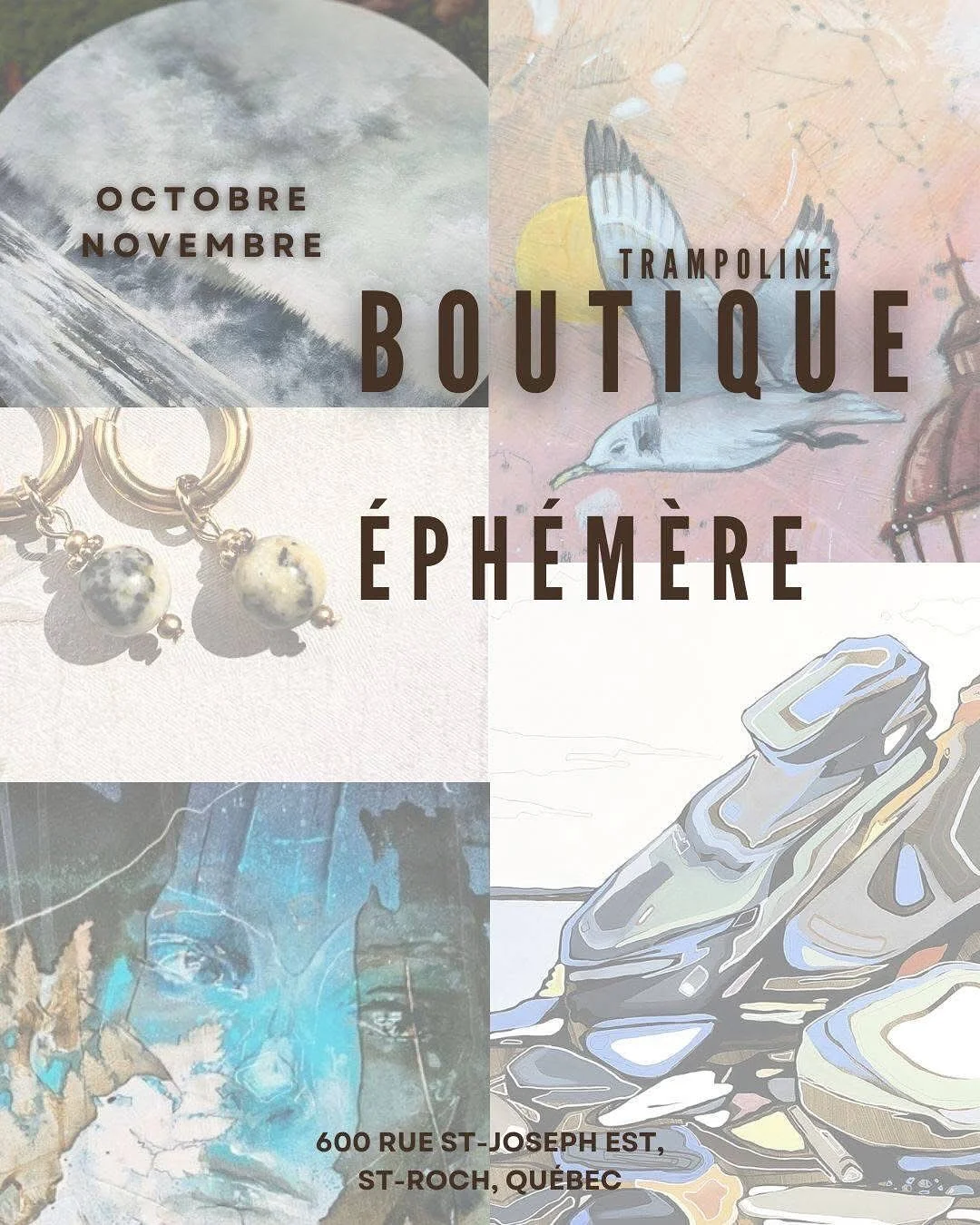 D&Egrave;S DEMAIN ! Mamkel et Brumes au local Trampoline sur la rue St-Joseph pour tout le mois D&rsquo;OCTOBRE er NOVEMBRE !
📍600 rue st-joseph Est, dans ST-ROCH.
Boutique &Eacute;PH&Eacute;M&Egrave;RE - Expo et achat sur place ✨

Nous serons sur p