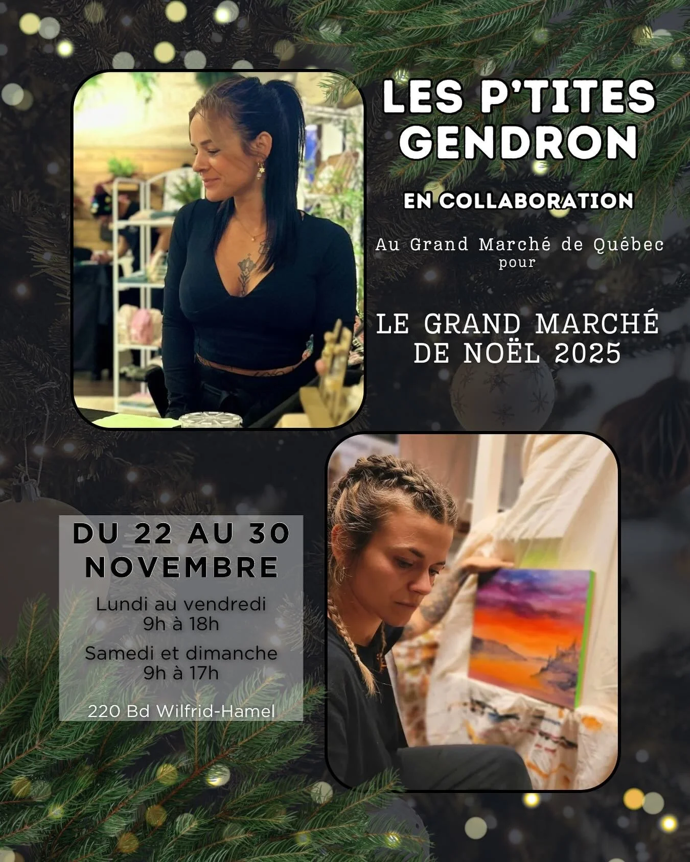 Les p&rsquo;tites GENDRON au Grand March&eacute; de Qu&eacute;bec, du 22 au 30 novembre !
Emmanuelle Gendron, artiste peintre, et Marie-Micka&euml;lle Gendron (Mamkel), artisane, en mode collaboration pour le Grand March&eacute; de No&euml;l 2025 !🌲
