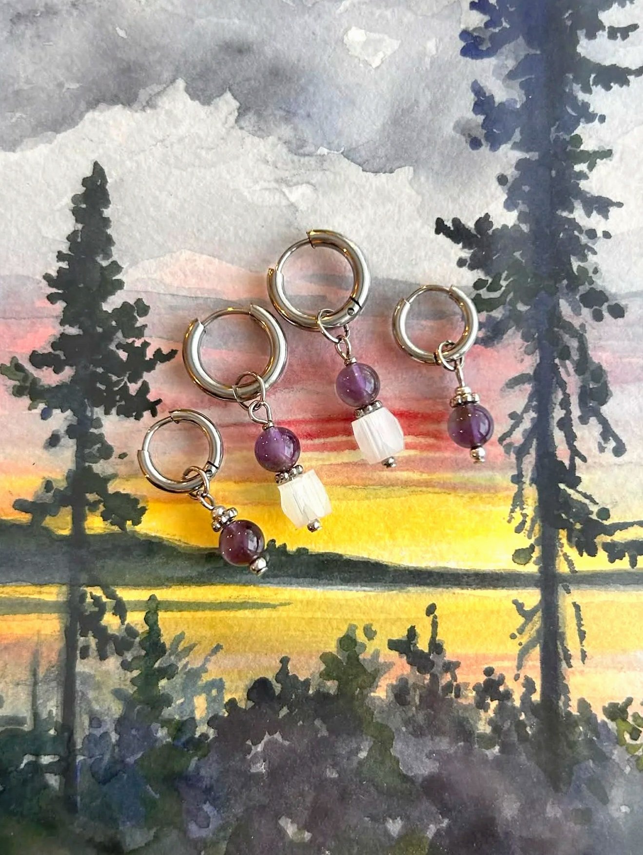 Duo boucles d’oreilles ◦ Sahasrara ◦ Améthyste et sélénite