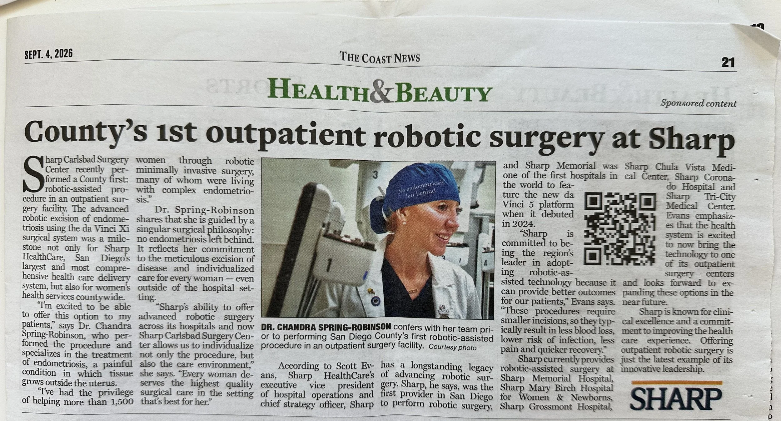 Dr. Spring-Robinson Featured in The Coast News for San Diego County’s First Outpatient Robotic Surgery at Sharp Carlsbad