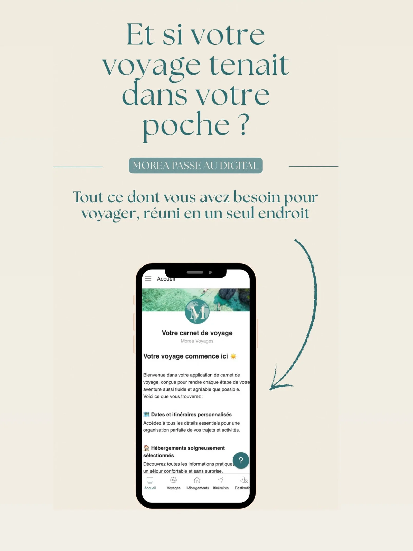 Fini les PDF perdus entre les mails ✈️
Chez Morea, les carnets de voyage &eacute;voluent et deviennent d&eacute;sormais enti&egrave;rement digitalis&eacute;s 📱🌿

Toutes vos r&eacute;servations, h&ocirc;tels, transferts, activit&eacute;s, conseils, 