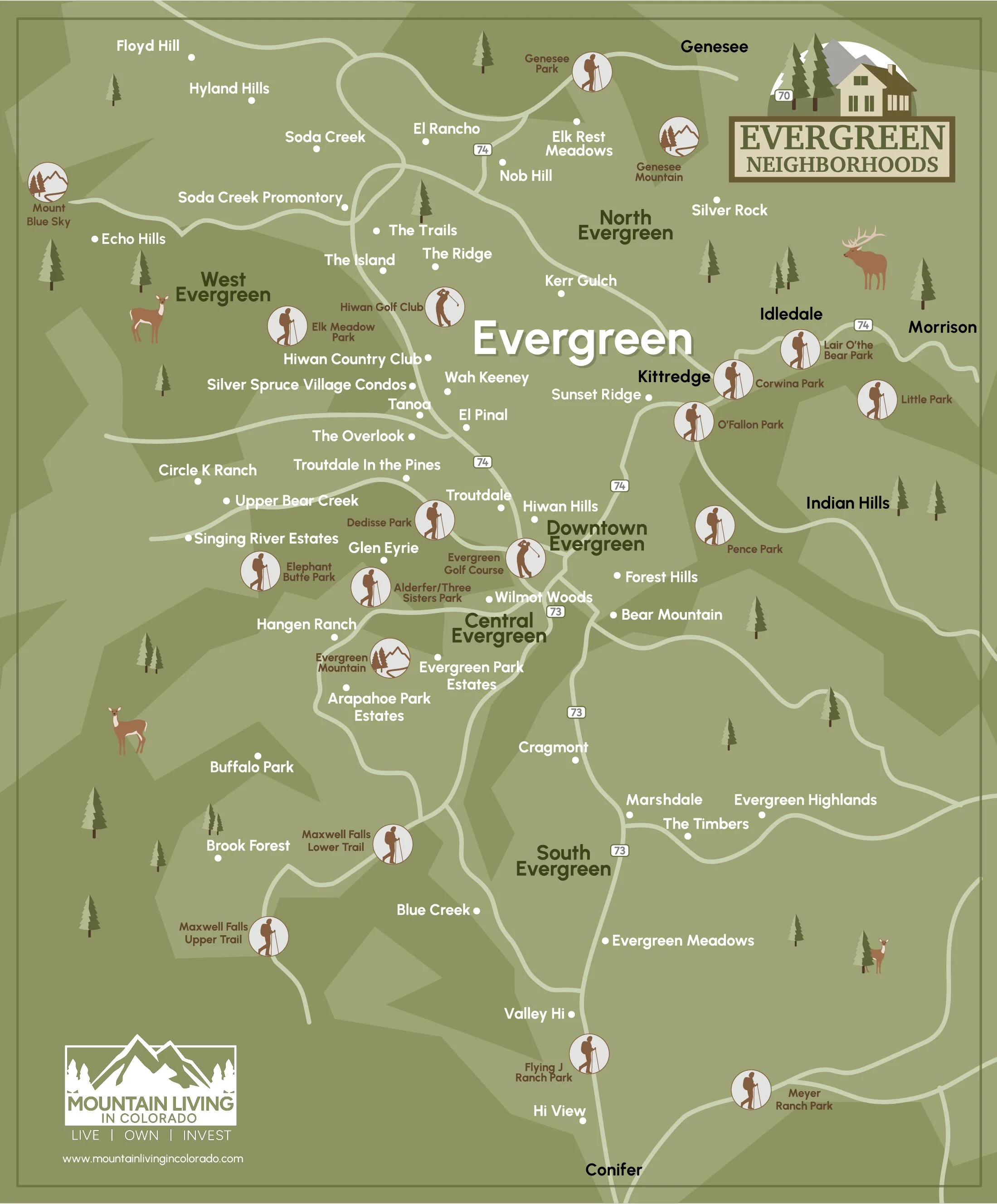 Map of Evergreen neighborhoods showing parks, trails, and landmarks in a green background.