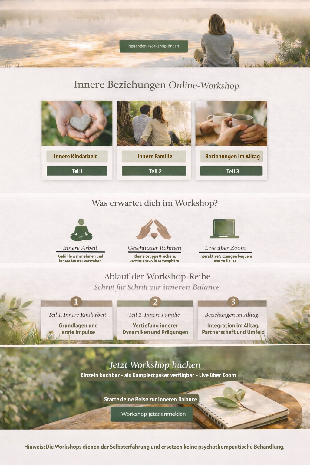 Online-Workshop zu inneren Beziehungen mit Bildern von Menschen, die Natur und Tassen Kaffee, sowie eine meditierende Person und einen Notizblock im Garten zeigen.