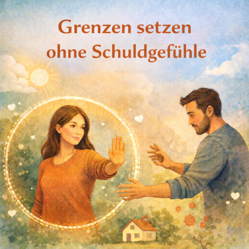 Zwei Menschen, eine Frau und ein Mann, die einen energetischen Schutzkreis um die Frau bilden, mit einem Haus im Hintergrund und einem Himmel mit Wolken und Sonne