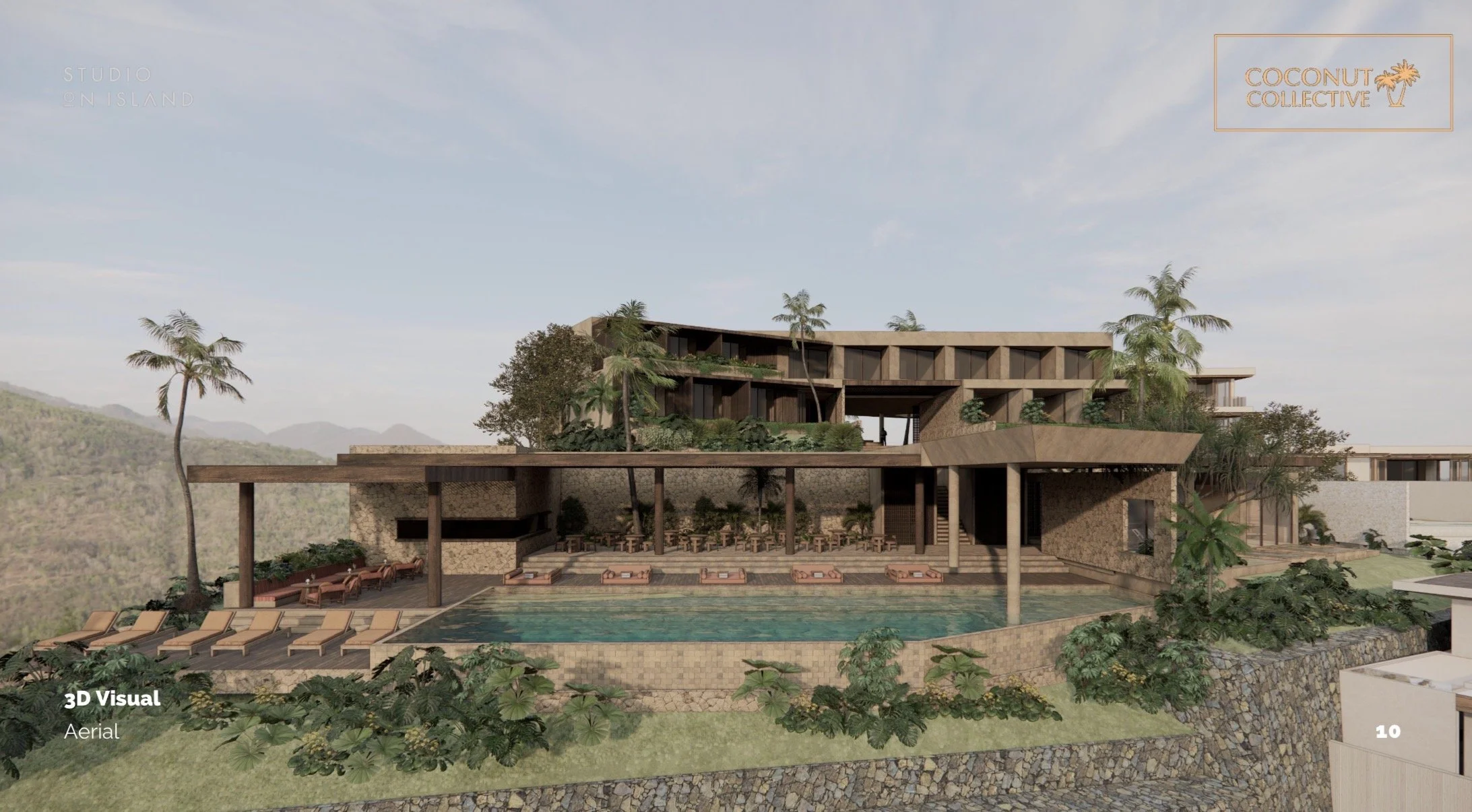 Construction site on a hillside showing building framework, materials, and workers with green landscape in background.