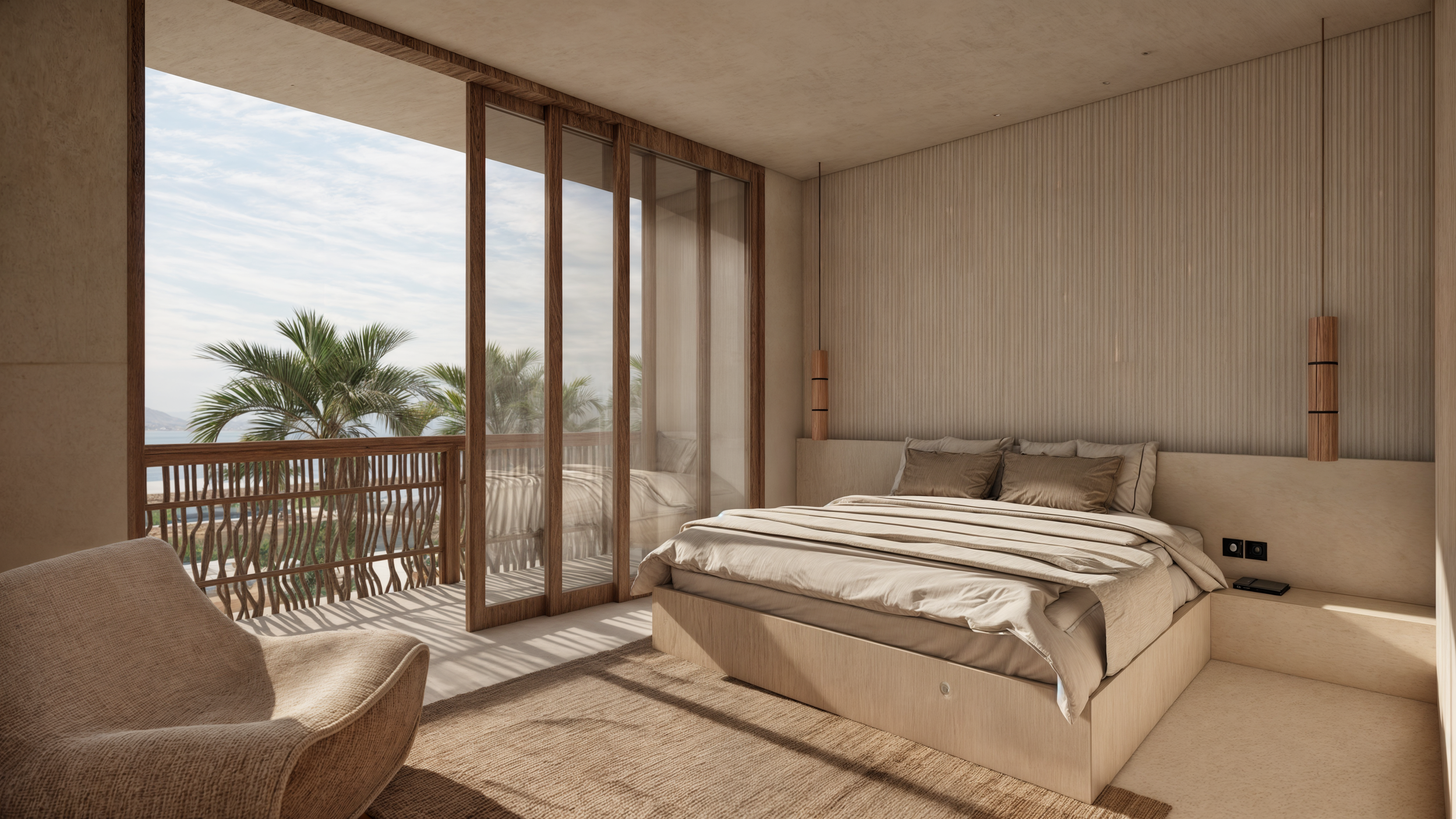 Modern bedroom with a large bed, beige bedding, and pillows, a beige armchair, balcony with wooden railing, and palm trees outside, overlooking the sky.