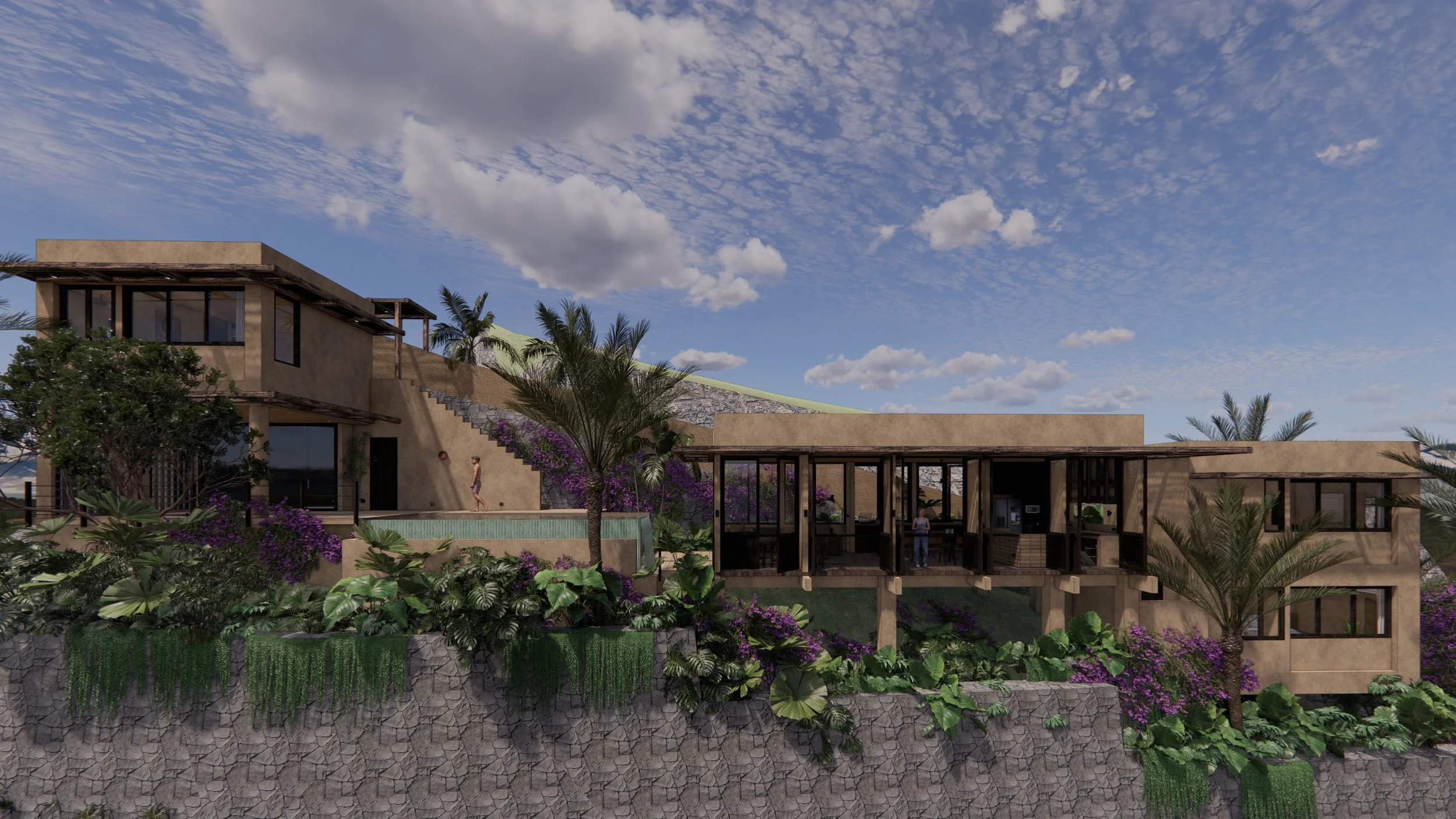 Modern two-story house with a pool, surrounded by lush green plants, with mountains in the background. A woman in a bikini stands near the poolside.