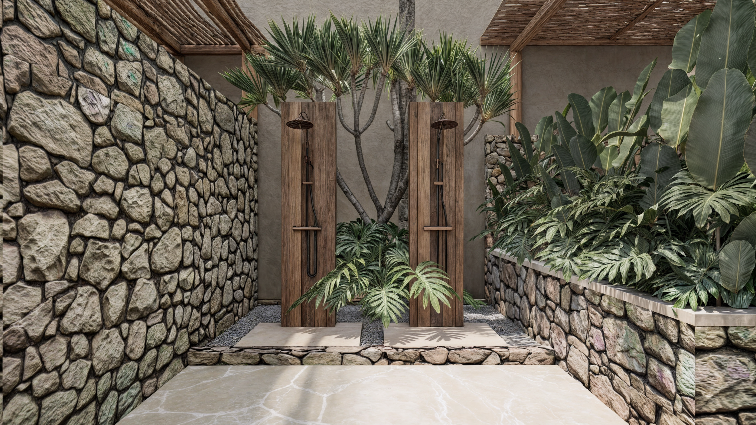An outdoor shower area with two rain showers mounted on wooden panels, surrounded by lush tropical plants and stone walls.