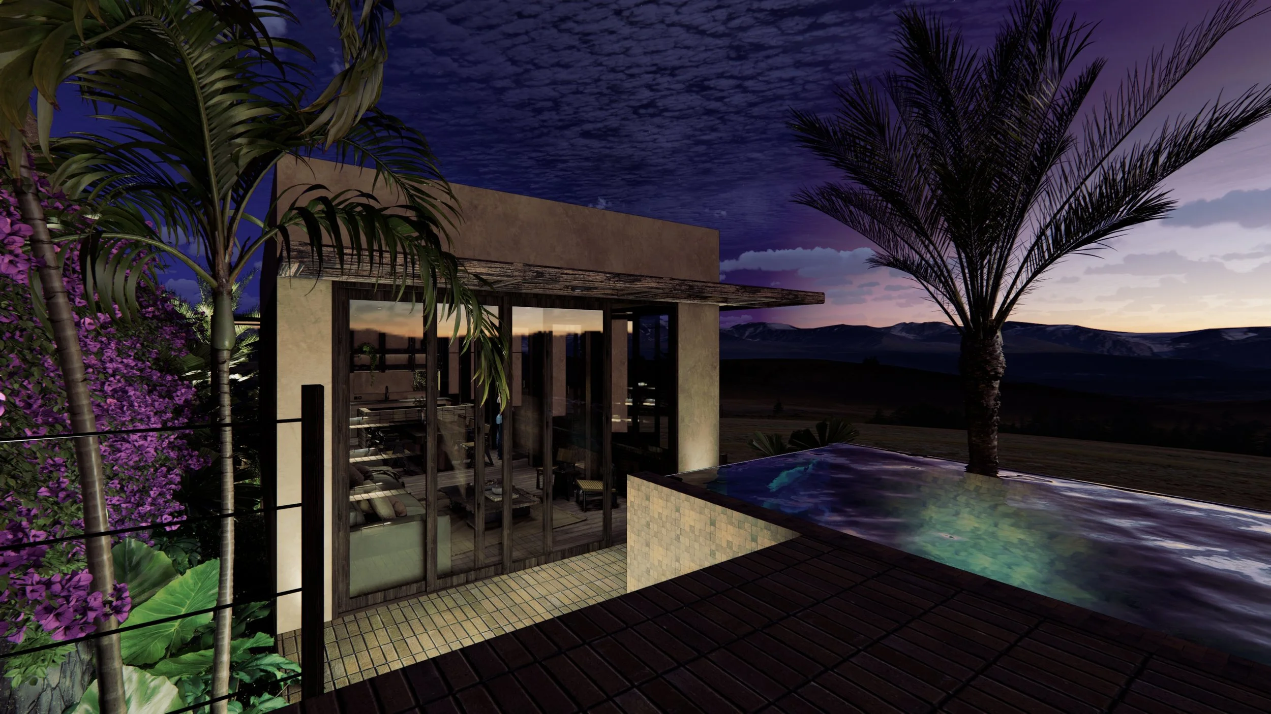 Aerial view of a construction site on a terraced hill with stone retaining walls, trees, and construction materials scattered around.