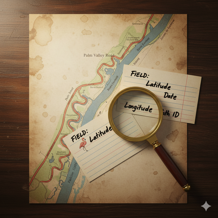 A map of Palm Valley Road with data cards and a magnifying glass