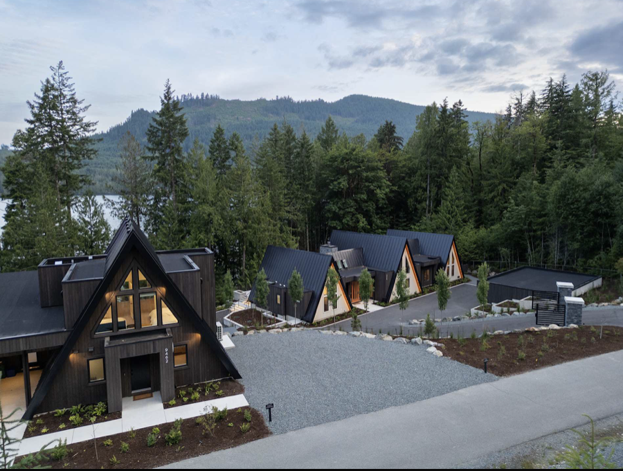A-frame houses in the forest at the Vancouver Island retreat venue