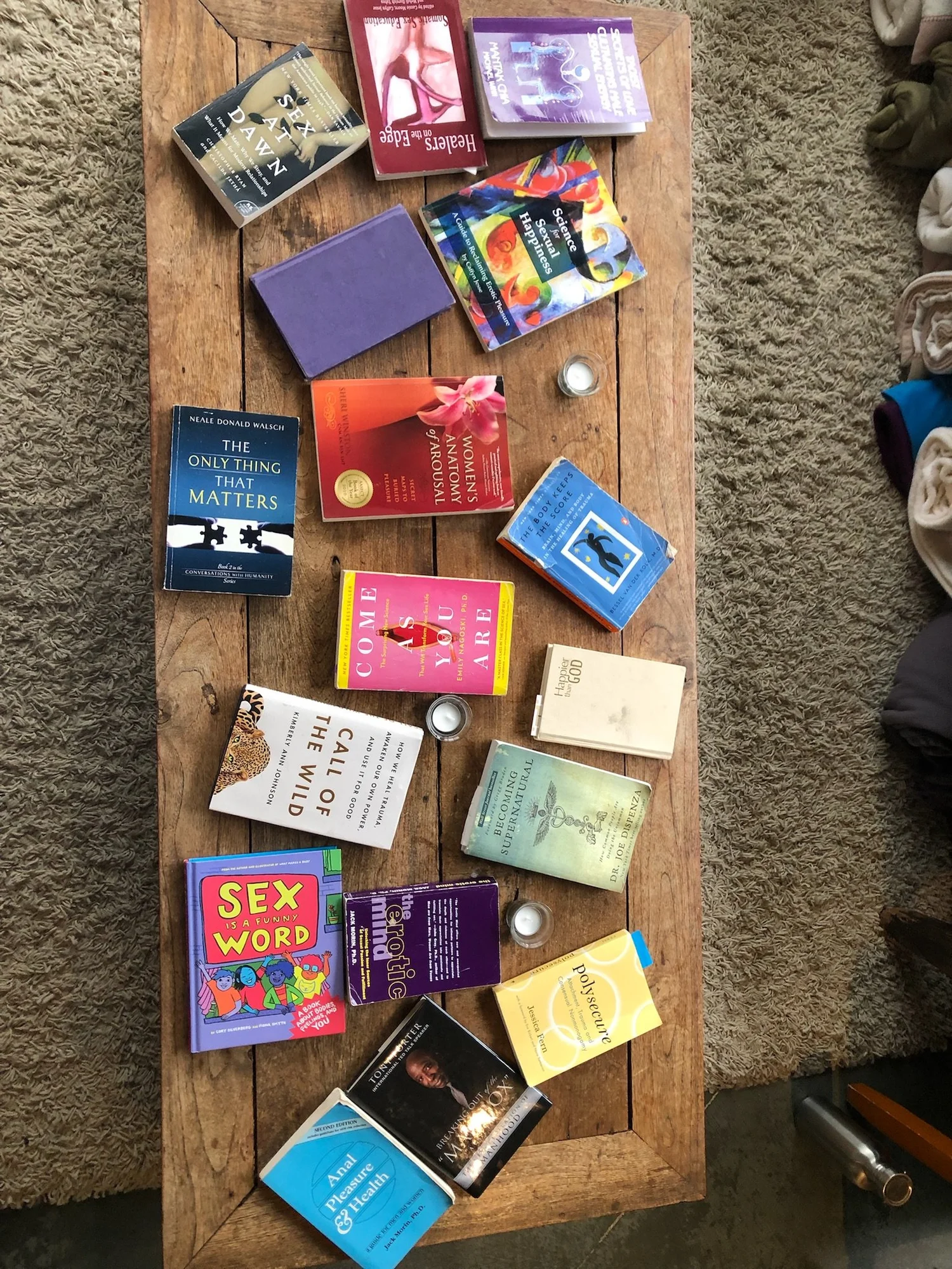 Books on sexuality, desire and embodiment laid out for the Himeros retreat curriculum