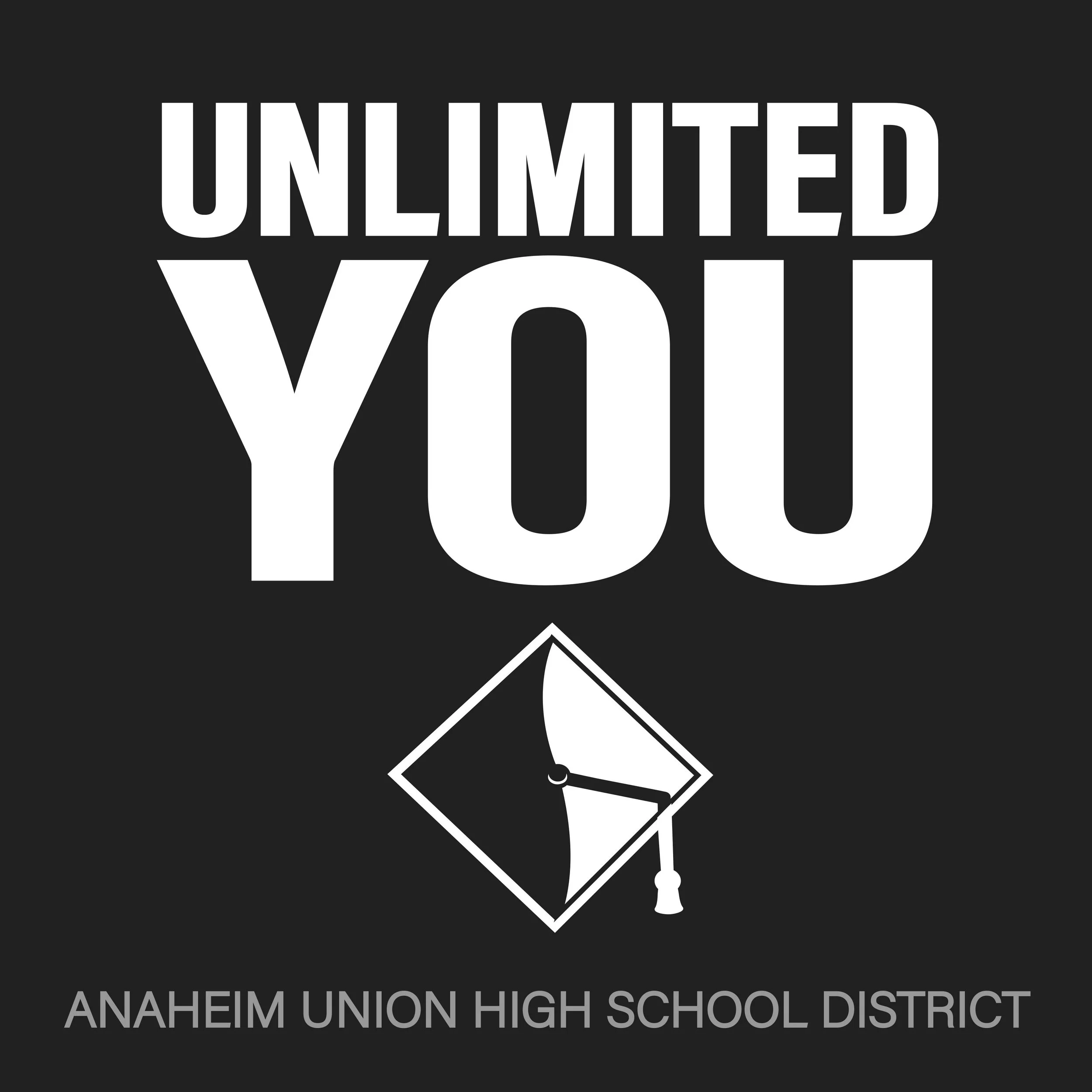 A graduation cap with a tassel and a diploma inside a square outline, with the text 'ANAHIEM UNION HIGH SCHOOL DISTRICT' underneath.