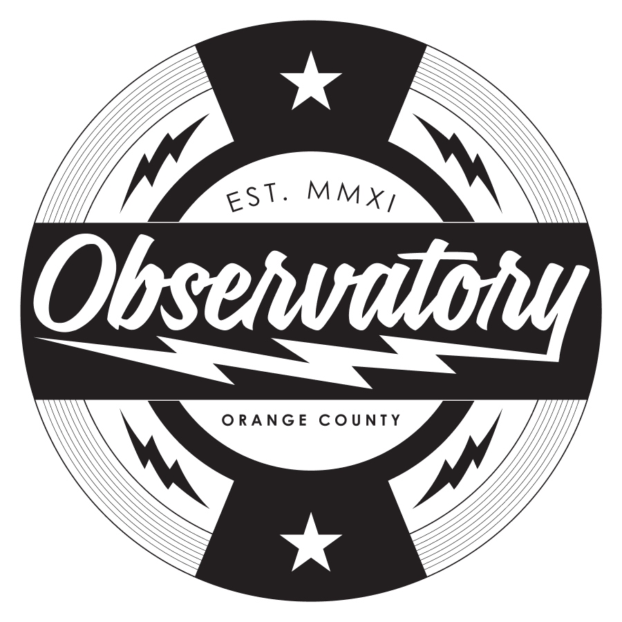 Black and white circular logo with the word 'Observatory' in stylized font in the center, surrounded by stars, lightning bolts, and concentric circles, with the text 'EST. MMXI' at the top and 'Orange County' at the bottom.