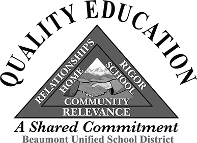 A diagram of a triangle illustrating the core values of the Beaumont Unified School District, including relationships, home, school, community, and relevance, with the words 'Shared Commitment' below.