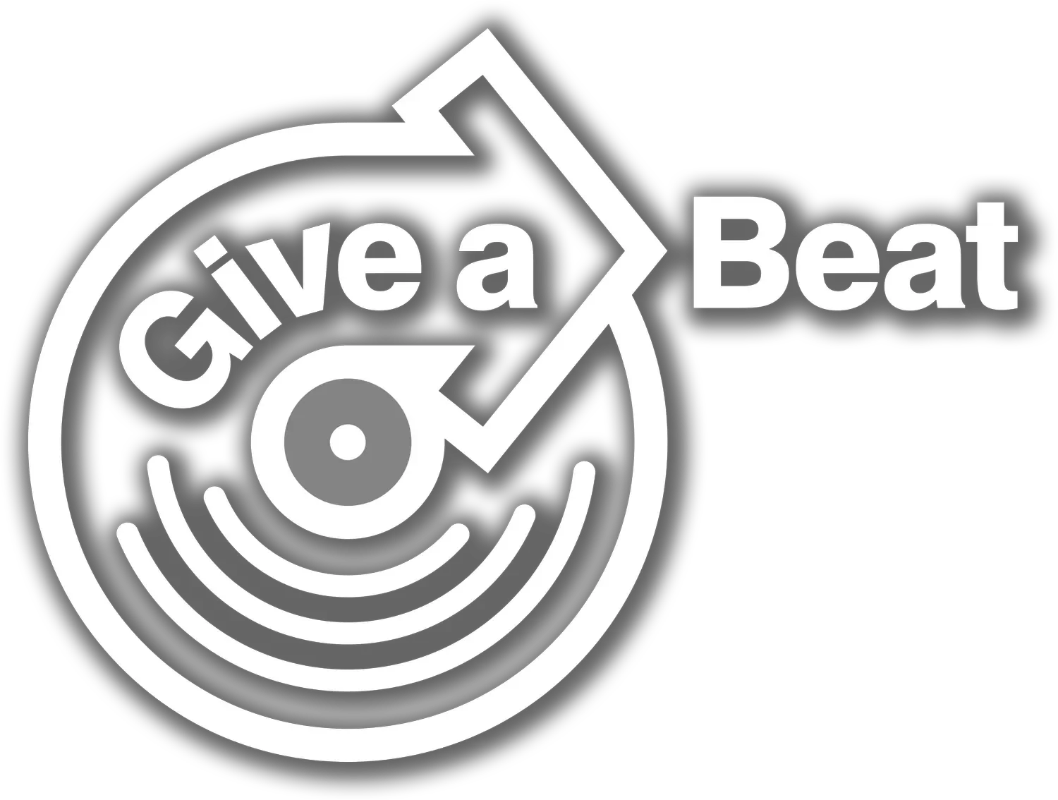 Black and white graphic with a vinyl record and a tonearm, featuring the text 'Give a Beat' and an arrow pointing to the word 'Beat'.