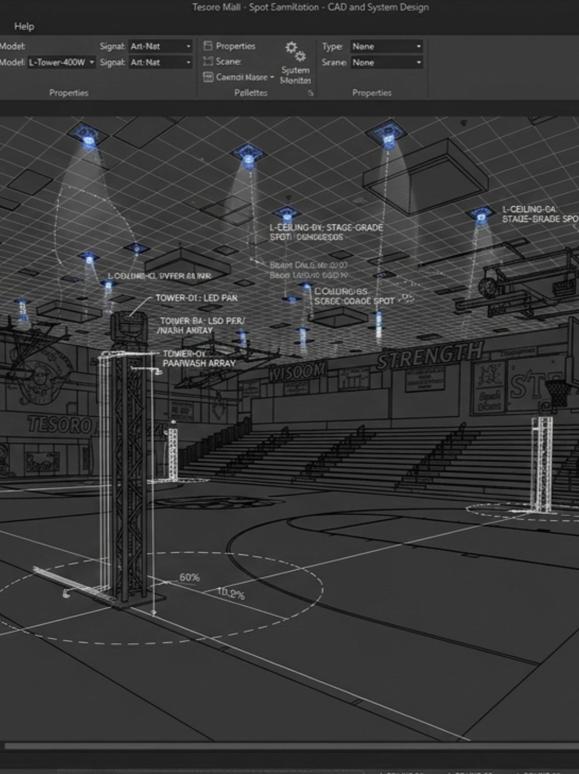 Digital CAD drawing of an indoor basketball court with technical details and lighting fixtures.