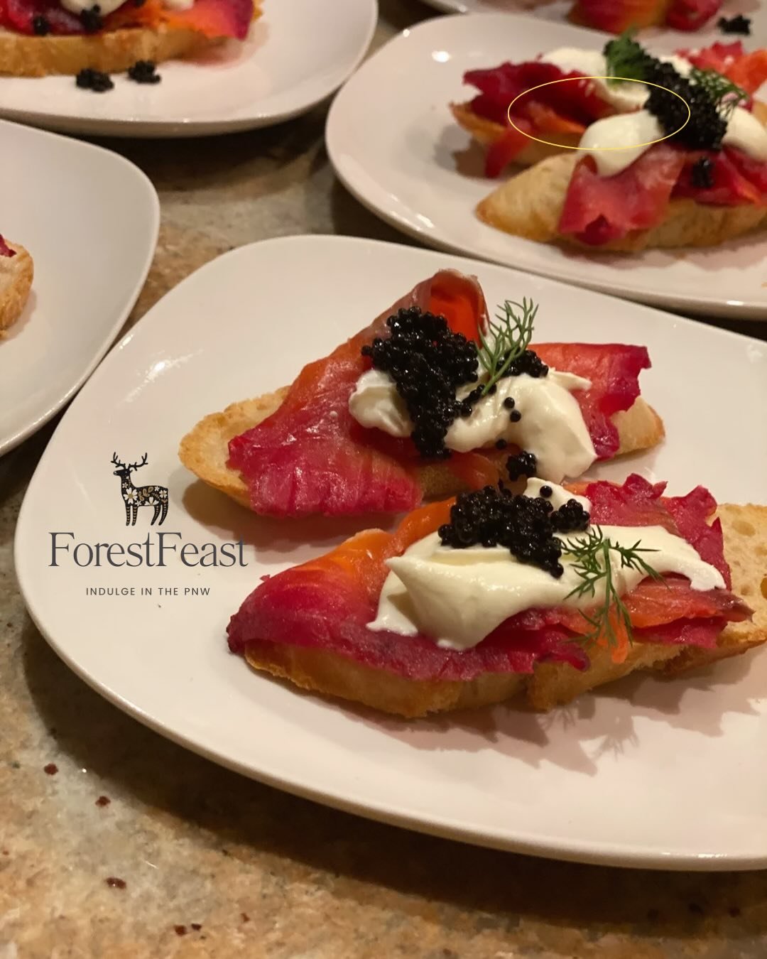 Another beautiful #ForestFeast in the books ✨🍷🌲

PNW Winter Feast&mdash;a journey through the flavors of the season:

🥂 The Sky, The Earth &amp; The Sea
Gin &amp; beetroot cured salmon gravlox, jersey cr&egrave;me fra&icirc;che, pearled seaweed, c