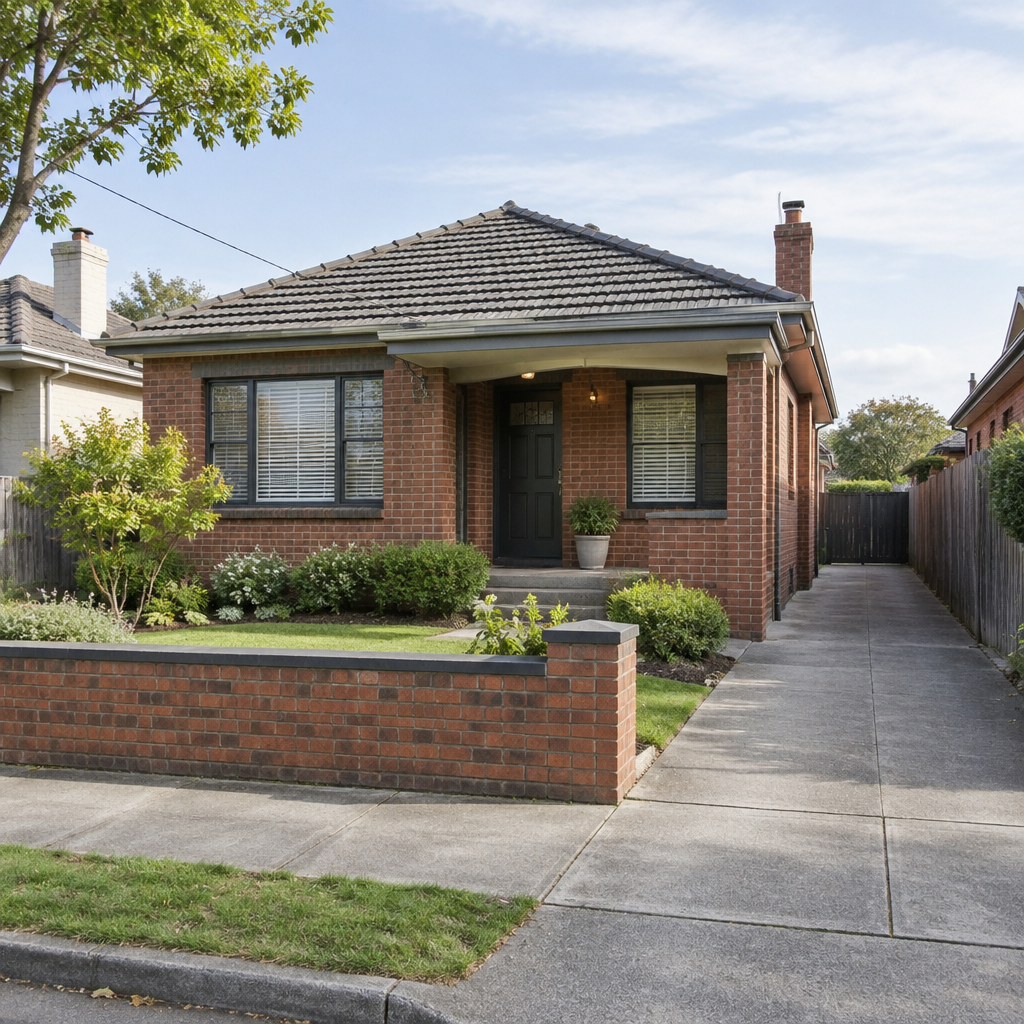 Single-storey red-brick house on a quiet Melbourne street, with a dark tiled hip roof, covered front porch and black door, low brick fence, small lawn and garden beds, and a long concrete driveway to a timber gate.