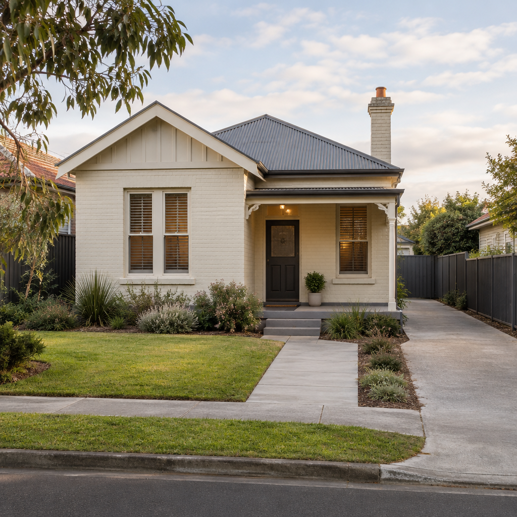 Single-storey cream weatherboard cottage with a front verandah and lawn, typical of homes assessed for Class 1B rooming house conversion