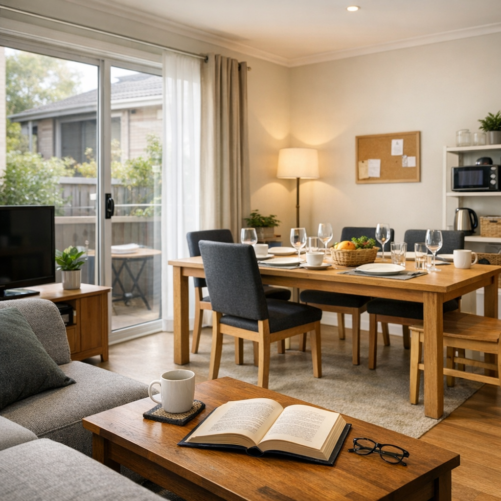 A cozy living and dining room with a large wooden dining table set with wine glasses, plates, and a basket of fresh fruit. A gray sofa with a white mug and open book on the coffee table in front. Sliding glass door with curtains leads to an outdoor patio. Inside, there is a floor lamp, a small TV, and kitchen shelves with a microwave, kettle, and plants.