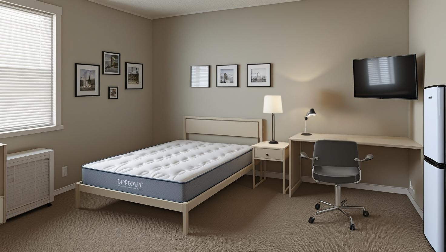 Minimalist rooming house bedroom with a single bed, desk, and chair, a wall-mounted TV, and framed photos on the wall.