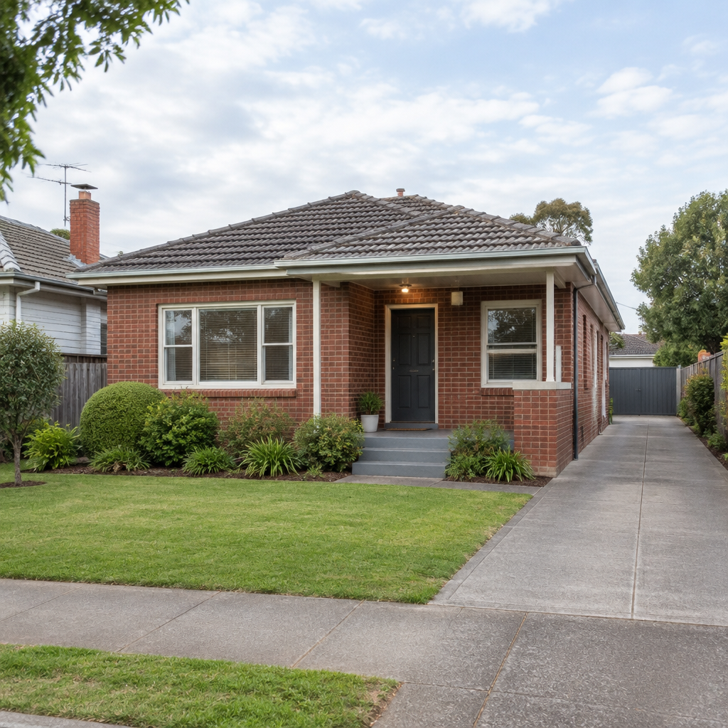 Single-storey red-brick Melbourne bungalow with a tiled hip roof, front porch, neat front lawn and a long concrete driveway beside the house