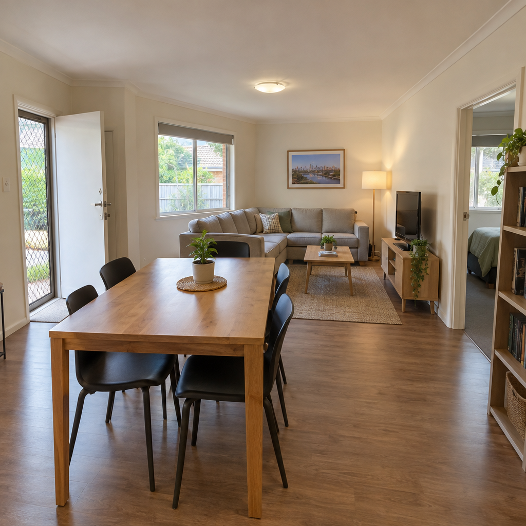 Bright open-plan shared living and dining area in a furnished rooming house, with a timber dining table and black chairs, grey sectional sofa, TV unit, bookshelf and a doorway to a bedroom.