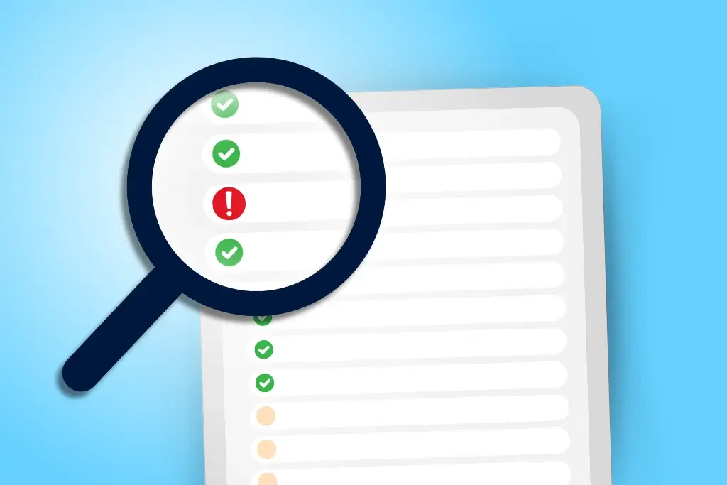 Magnifying glass over a checklist with green checkmarks and one red exclamation mark on a blue background.