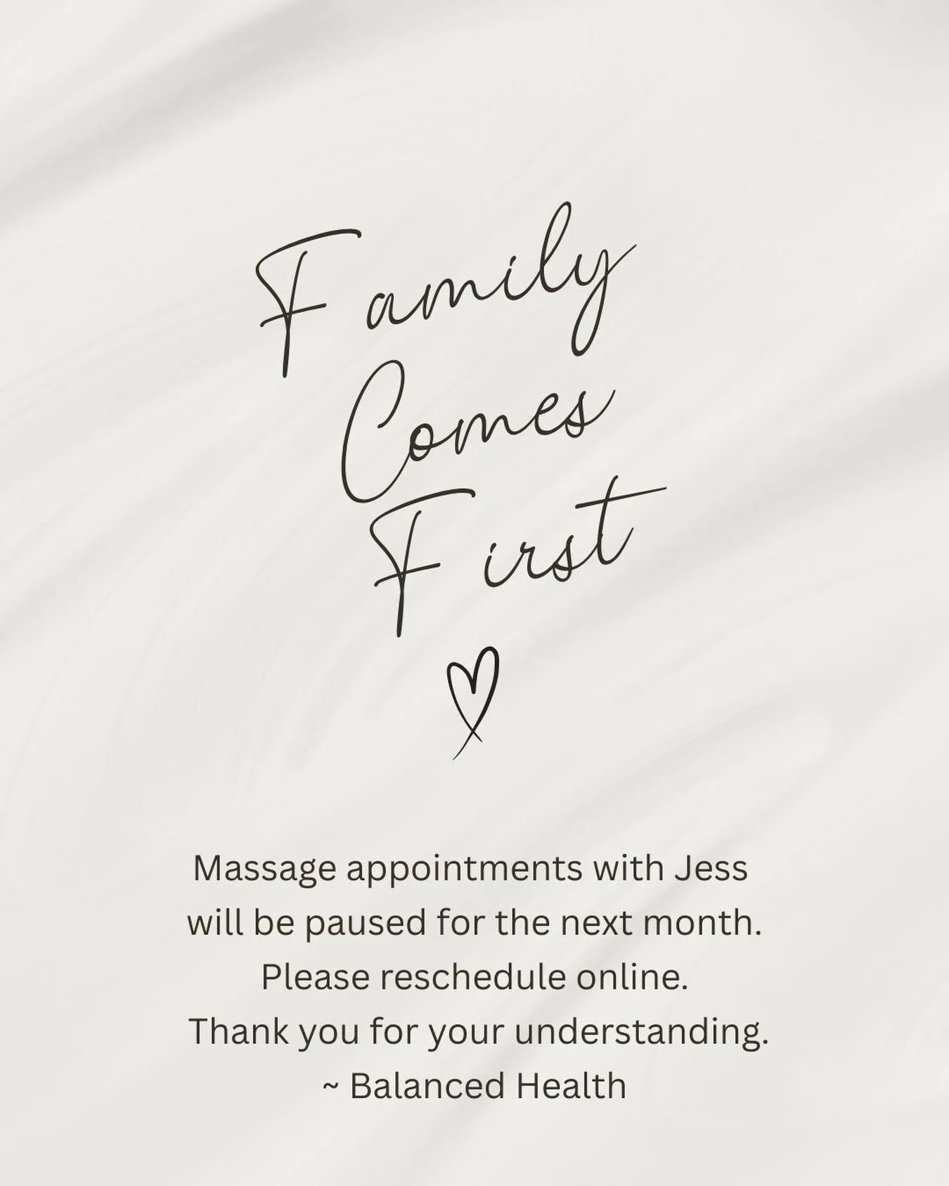 We wanted to share a quick update with our Balanced Health family.

Jess will be stepping away from massage therapy appointments for the next month as she cares for her grandfather, who is currently on hospice. During this time, she will not be avail